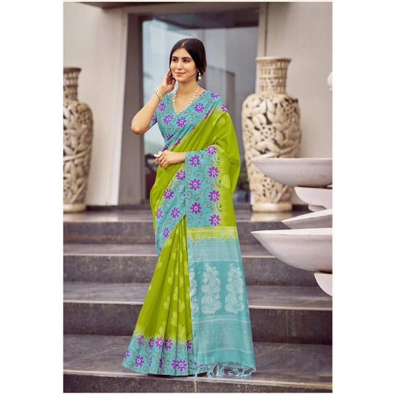 Mayawye Women's Cotton Blend Printed Saree With Unstitched Blouse (Green, 5-5 Mtrs)
