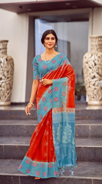 Mayawye Women's Cotton Blend Printed Saree With Unstitched Blouse (Red, 5-5 Mtrs)