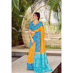 Mayawye Women's Cotton Blend Printed Saree With Unstitched Blouse (Yellow, 5-5 Mtrs)