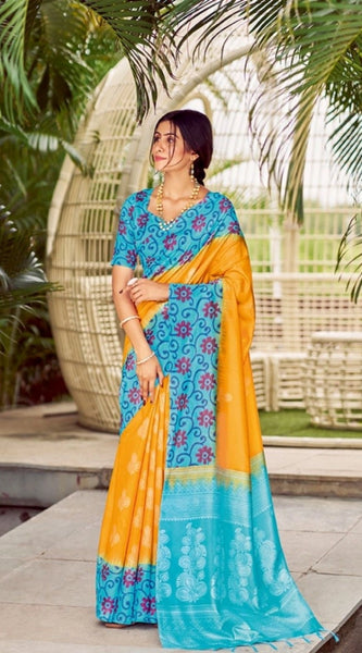 Mayawye Women's Cotton Blend Printed Saree With Unstitched Blouse (Yellow, 5-5 Mtrs)