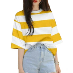 Mayawye Women's Lycra Striped Round Neck Short Sleeve T-Shirt (White-Yellow)