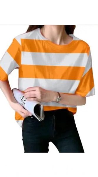 Mayawye Women's Lycra Striped Round Neck Short Sleeve T-Shirt (White-Orange)