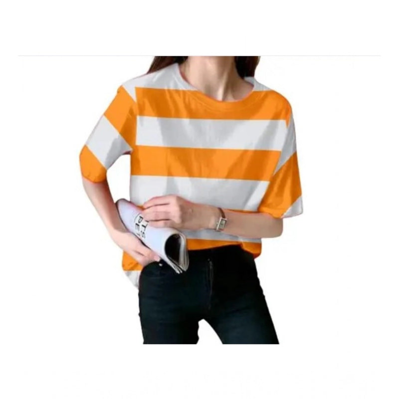 Mayawye Women's Lycra Striped Round Neck Short Sleeve T-Shirt (White-Orange)