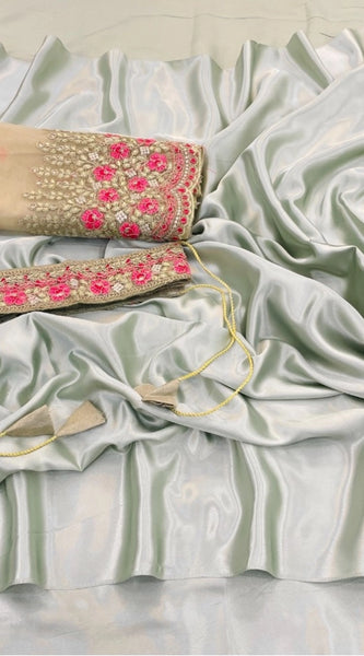 Mayawye Women's Satin Solid Saree With Unstitched Blouse (Offwhite, 5-5 Mtrs)
