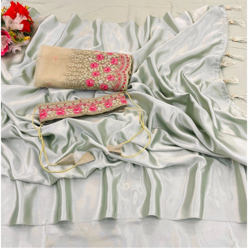 Mayawye Women's Satin Solid Saree With Unstitched Blouse (Offwhite, 5-5 Mtrs)