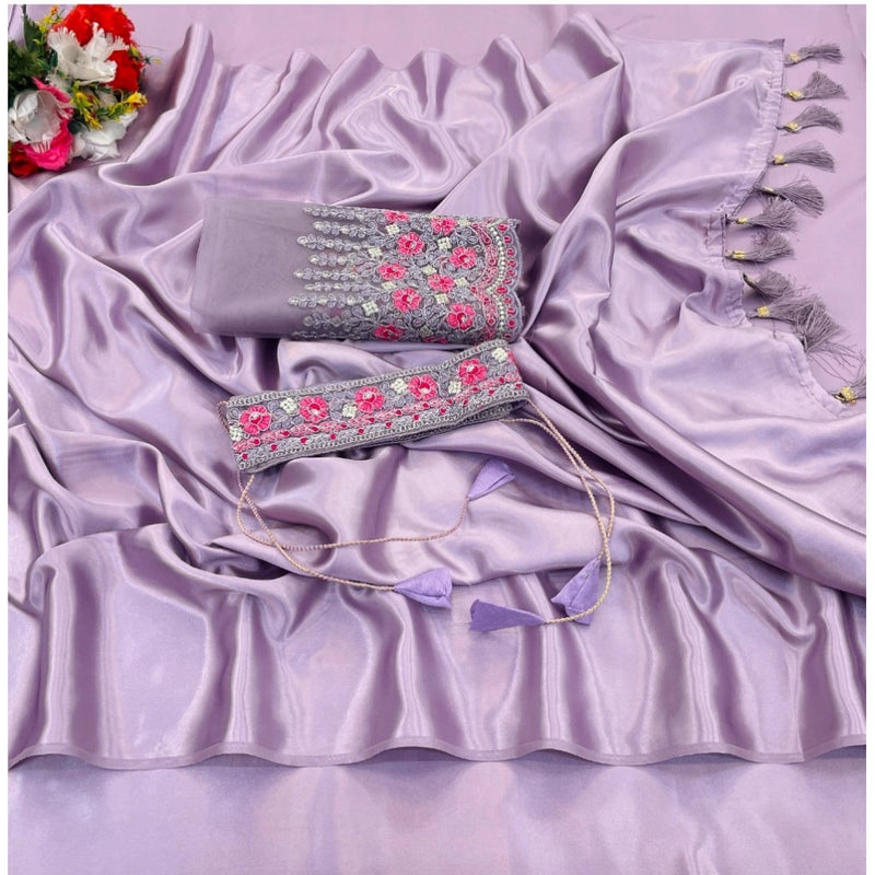 Mayawye Women's Satin Solid Saree With Unstitched Blouse (Purple, 5-5 Mtrs)