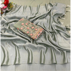 Mayawye Women's Satin Solid Saree With Unstitched Blouse (Grey, 5-5 Mtrs)
