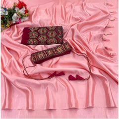 Mayawye Women's Satin Solid Saree With Unstitched Blouse (Pink, 5-5 Mtrs)