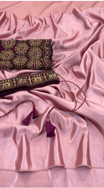 Mayawye Women's Satin Solid Saree With Unstitched Blouse (Wine, 5-5 Mtrs)