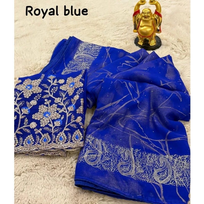 Mayawye Women's Georgette Printed Saree With Unstitched Blouse (Blue, 5-5 Mtrs)