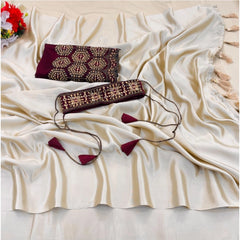 Mayawye Women's Satin Solid Saree With Unstitched Blouse (Begie, 5-5 Mtrs)