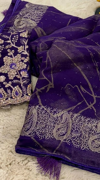 Mayawye Women's Georgette Printed Saree With Unstitched Blouse (Purple, 5-5 Mtrs)