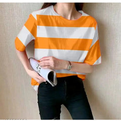 Mayawye Women's Lycra Striped Round Neck Short Sleeve T-Shirt (White-Orange)