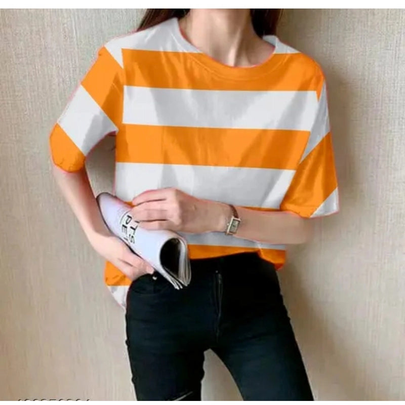 Mayawye Women's Lycra Striped Round Neck Short Sleeve T-Shirt (White-Orange)