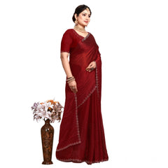 Mayawye Women's Georgette Satin Silk Saree With Unstitched Blouse 5.5Mtr (Red)