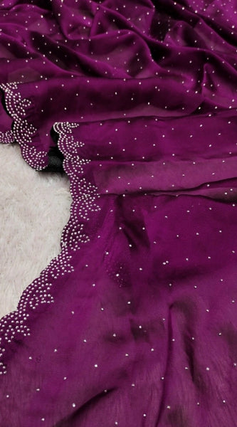 Mayawye Women's Georgette Satin Silk Saree With Unstitched Blouse 5.5Mtr (Wine)