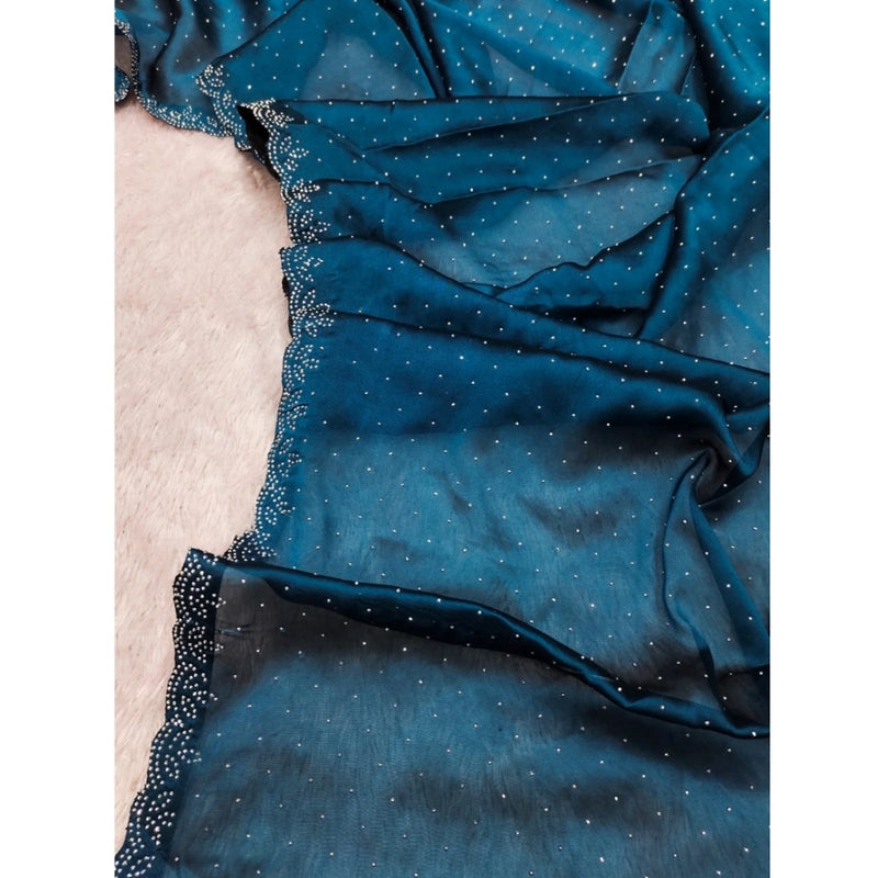 Mayawye Women's Georgette Satin Silk Saree With Unstitched Blouse 5.5Mtr (Blue)