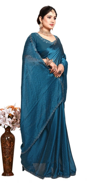 Mayawye Women's Georgette Satin Silk Saree With Unstitched Blouse 5.5Mtr (Blue)
