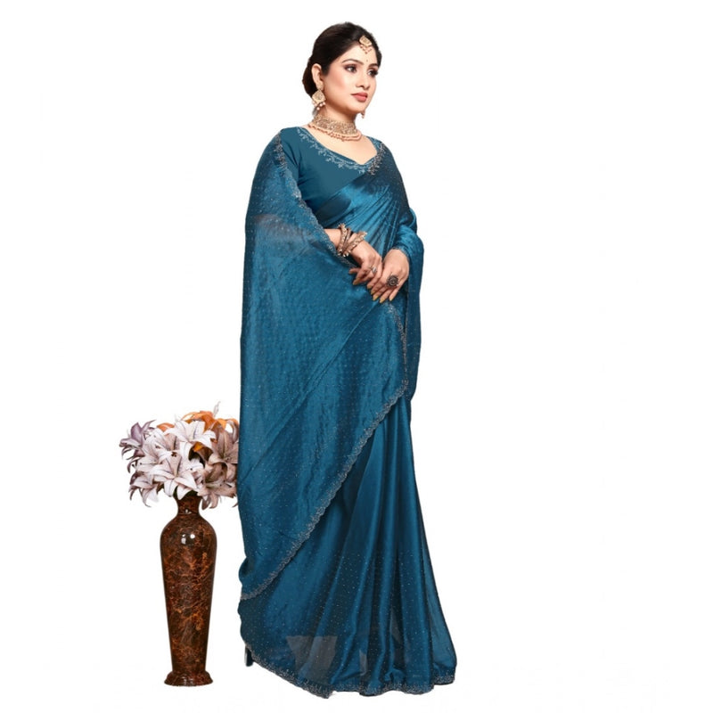 Mayawye Women's Georgette Satin Silk Saree With Unstitched Blouse 5.5Mtr (Blue)