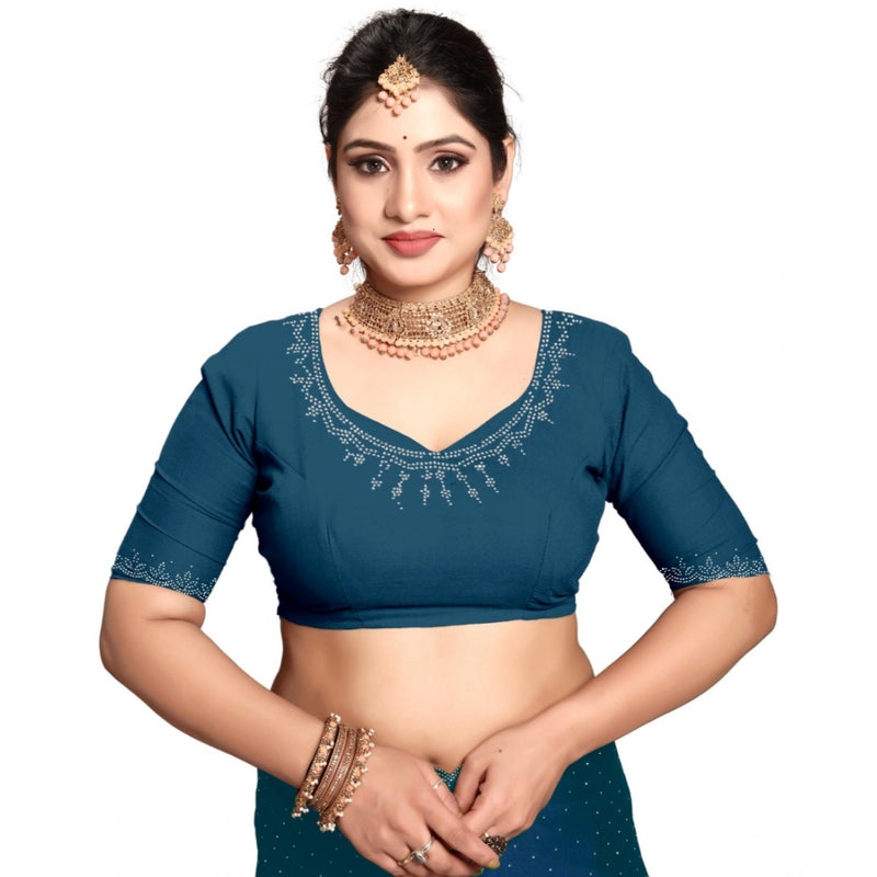 Mayawye Women's Georgette Satin Silk Saree With Unstitched Blouse 5.5Mtr (Blue)