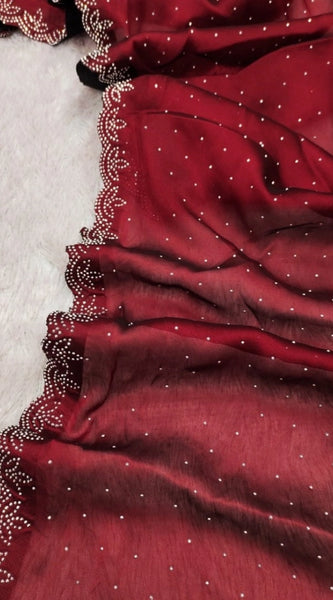 Mayawye Women's Georgette Satin Silk Saree With Unstitched Blouse 5.5Mtr (Red)