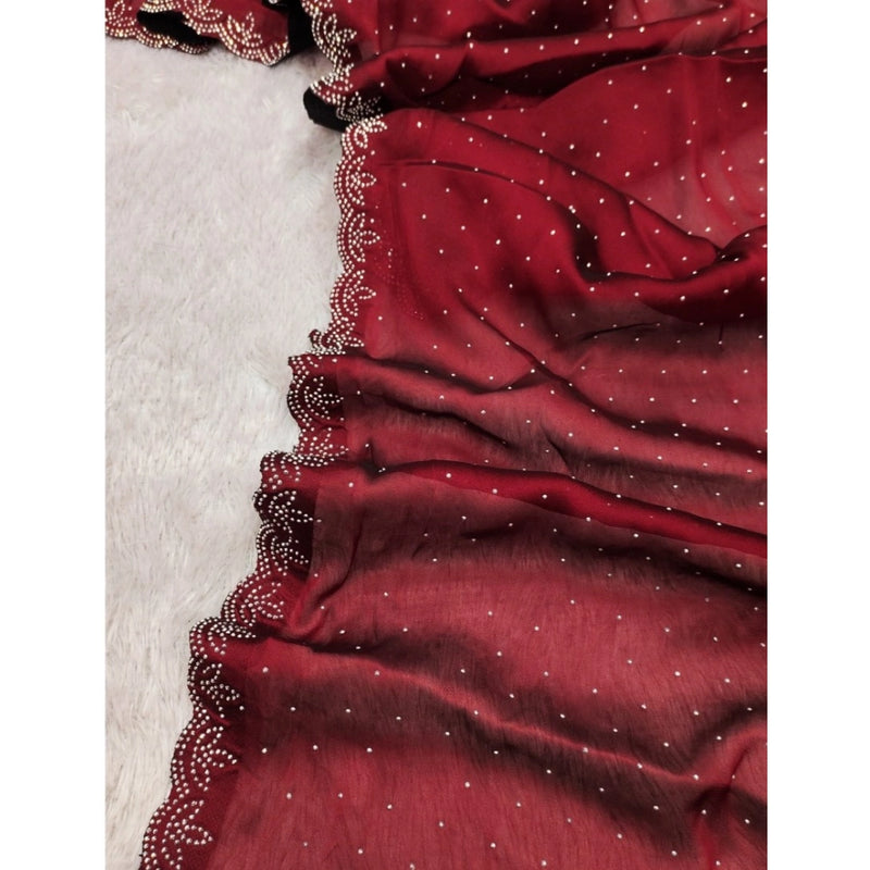 Mayawye Women's Georgette Satin Silk Saree With Unstitched Blouse 5.5Mtr (Red)
