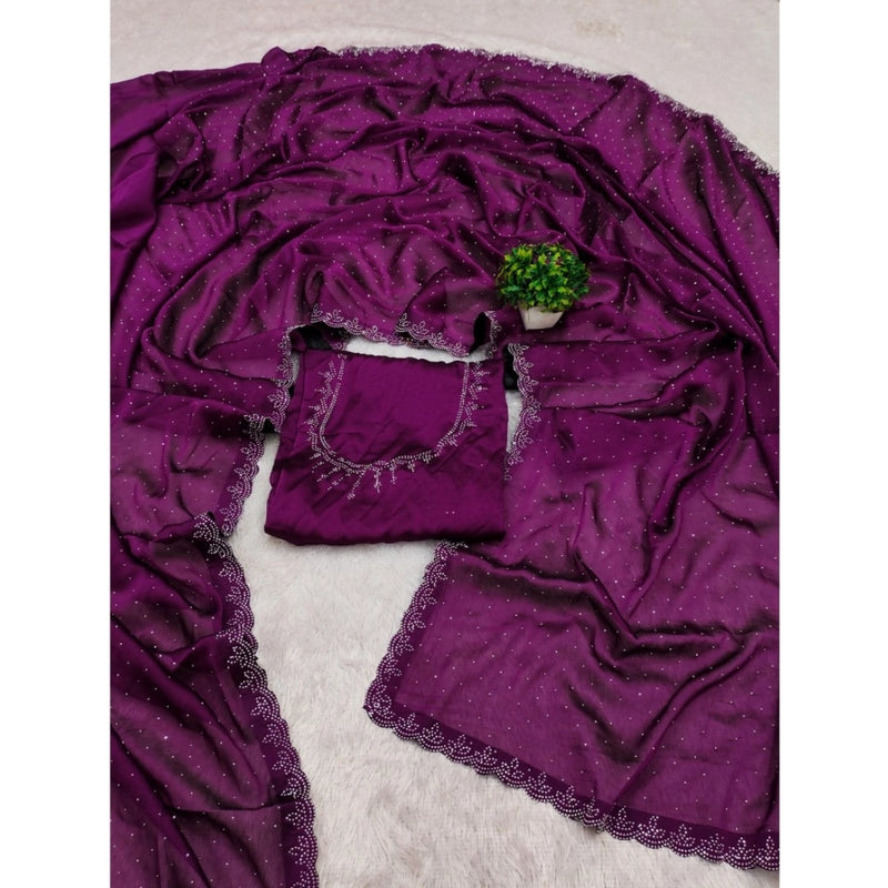 Mayawye Women's Georgette Satin Silk Saree With Unstitched Blouse 5.5Mtr (Wine)