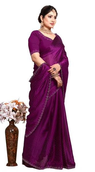 Mayawye Women's Georgette Satin Silk Saree With Unstitched Blouse 5.5Mtr (Wine)