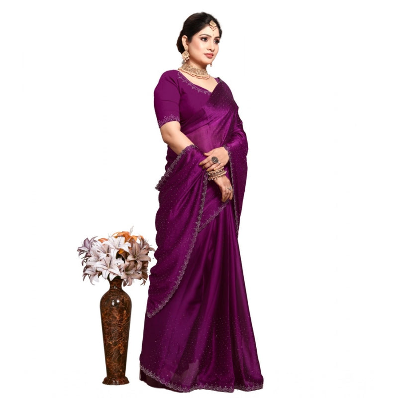 Mayawye Women's Georgette Satin Silk Saree With Unstitched Blouse 5.5Mtr (Wine)