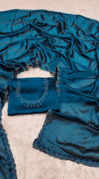 Mayawye Women's Georgette Satin Silk Saree With Unstitched Blouse 5.5Mtr (Blue)