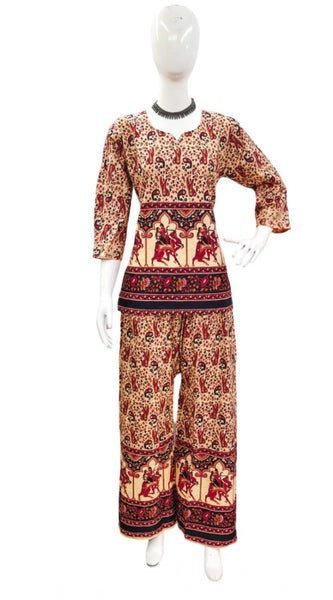 Mayawye Women's Cotton Jaipuri Printed 3-4th Sleeve Co ord Set (Multicolor)