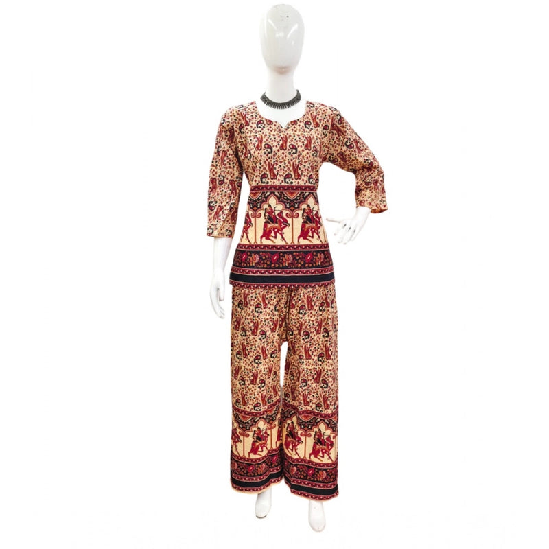 Mayawye Women's Cotton Jaipuri Printed 3-4th Sleeve Co ord Set (Multicolor)