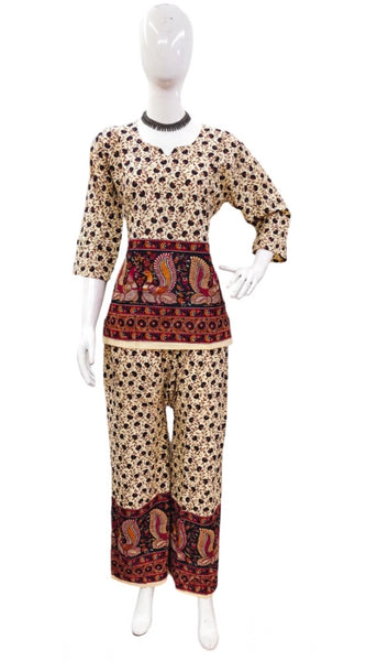 Mayawye Women's Cotton Jaipuri Printed 3-4th Sleeve Co ord Set (Multicolor)