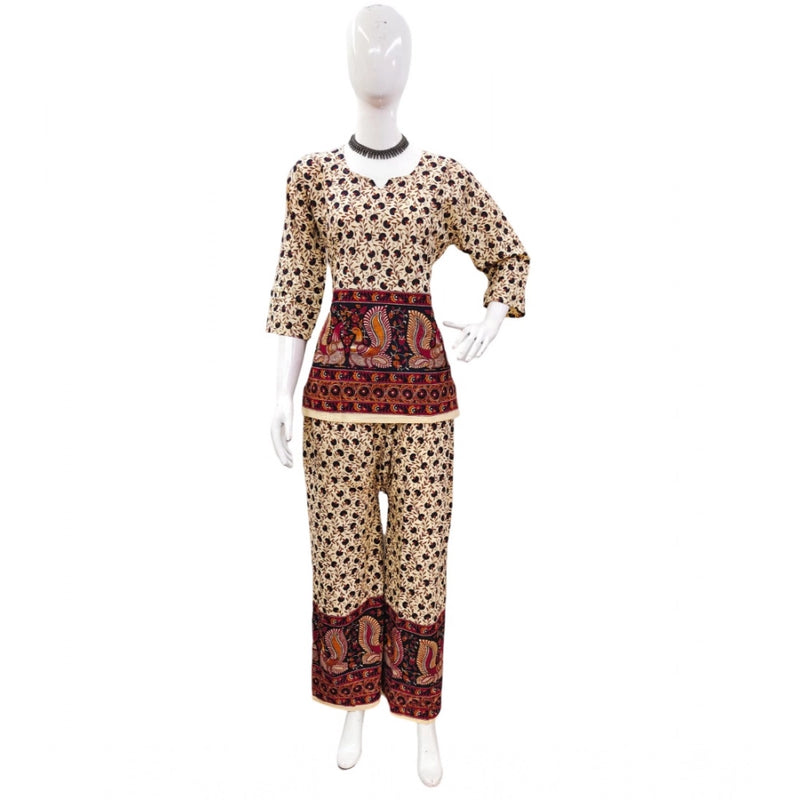 Mayawye Women's Cotton Jaipuri Printed 3-4th Sleeve Co ord Set (Multicolor)