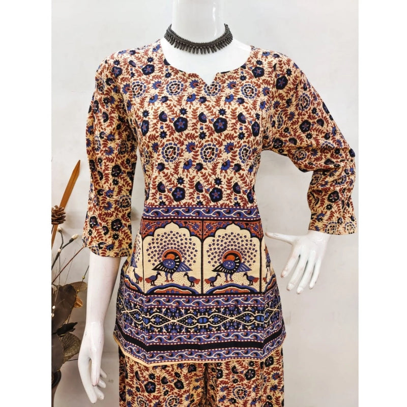 Mayawye Women's Cotton Jaipuri Printed 3-4th Sleeve Co ord Set (Multicolor)