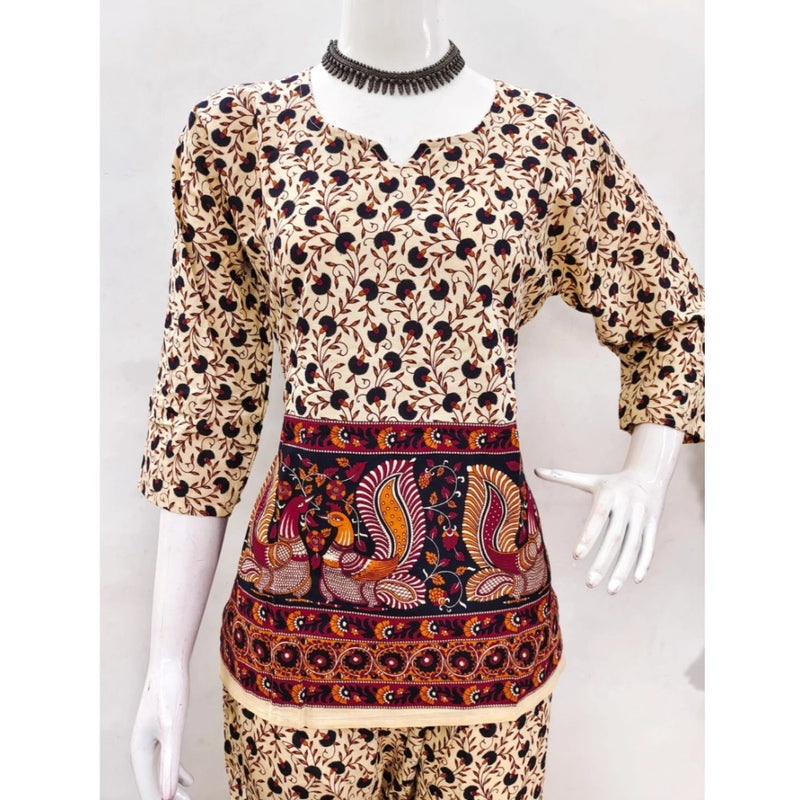 Mayawye Women's Cotton Jaipuri Printed 3-4th Sleeve Co ord Set (Multicolor)