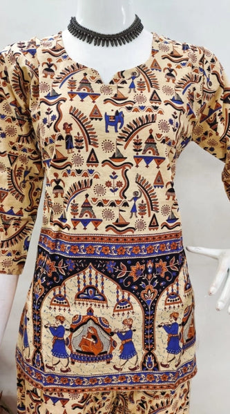 Mayawye Women's Cotton Jaipuri Printed 3-4th Sleeve Co ord Set (Multicolor)
