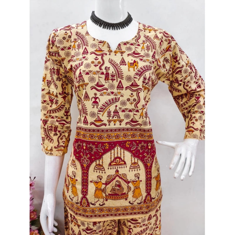 Mayawye Women's Cotton Jaipuri Printed 3-4th Sleeve Co ord Set (Multicolor)
