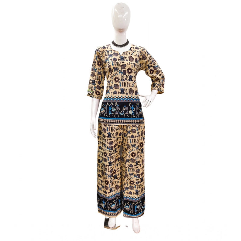 Mayawye Women's Cotton Jaipuri Printed 3-4th Sleeve Co ord Set (Multicolor)