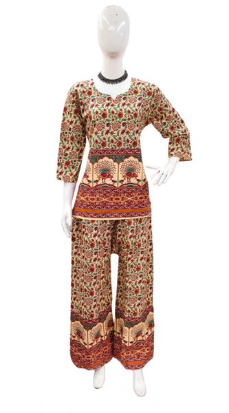 Mayawye Women's Cotton Jaipuri Printed 3-4th Sleeve Co ord Set (Multicolor)