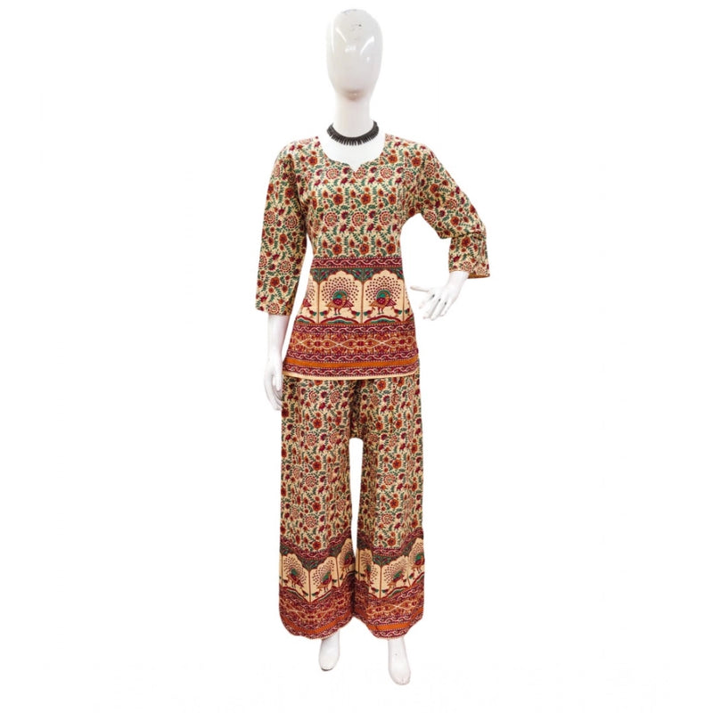 Mayawye Women's Cotton Jaipuri Printed 3-4th Sleeve Co ord Set (Multicolor)