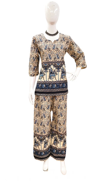 Mayawye Women's Cotton Jaipuri Printed 3-4th Sleeve Co ord Set (Multicolor)