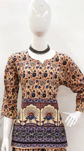 Mayawye Women's Cotton Jaipuri Printed 3-4th Sleeve Co ord Set (Multicolor)