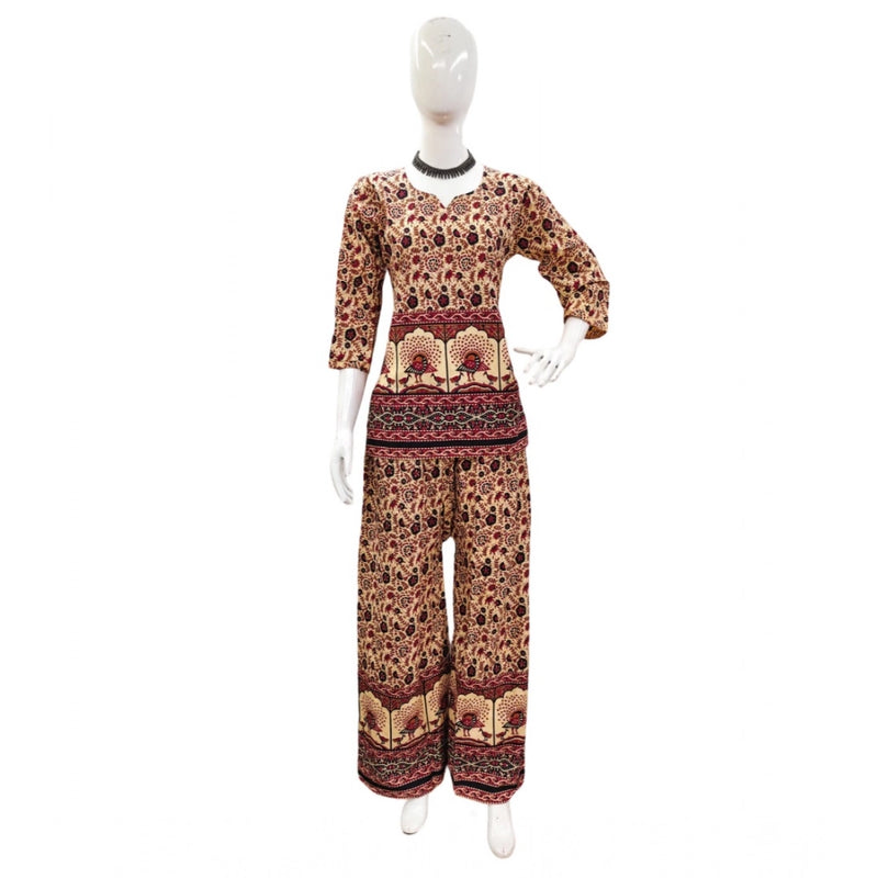 Mayawye Women's Cotton Jaipuri Printed 3-4th Sleeve Co ord Set (Multicolor)