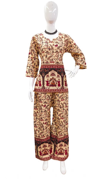 Mayawye Women's Cotton Jaipuri Printed 3-4th Sleeve Co ord Set (Multicolor)
