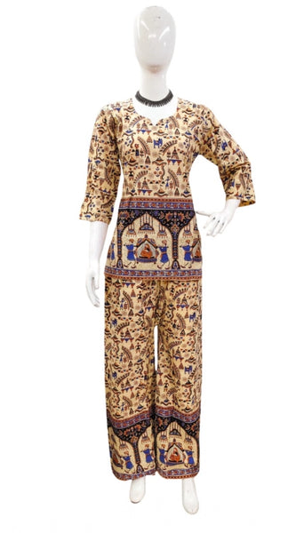 Mayawye Women's Cotton Jaipuri Printed 3-4th Sleeve Co ord Set (Multicolor)