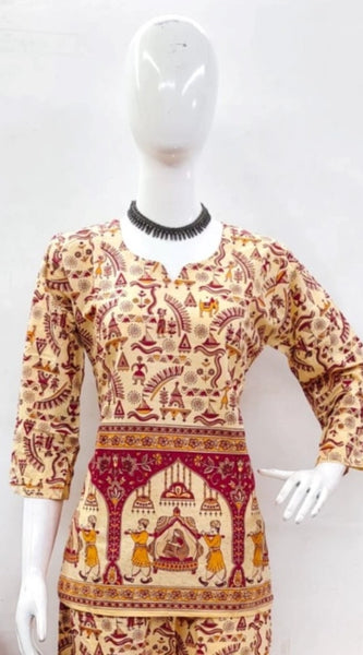 Mayawye Women's Cotton Jaipuri Printed 3-4th Sleeve Co ord Set (Multicolor)