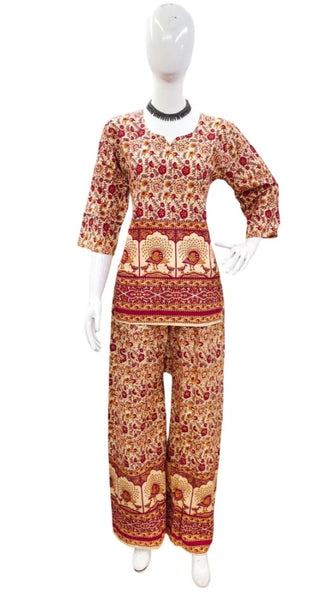 Mayawye Women's Cotton Jaipuri Printed 3-4th Sleeve Co ord Set (Multicolor)