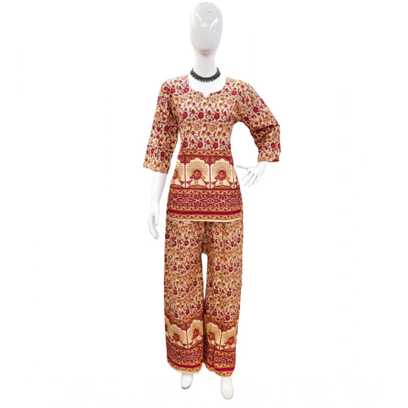 Mayawye Women's Cotton Jaipuri Printed 3-4th Sleeve Co ord Set (Multicolor)