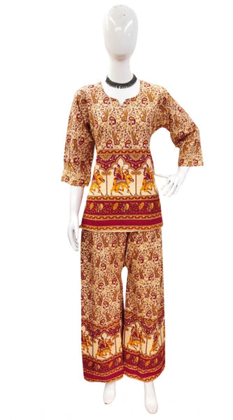 Mayawye Women's Cotton Jaipuri Printed 3-4th Sleeve Co ord Set (Multicolor)